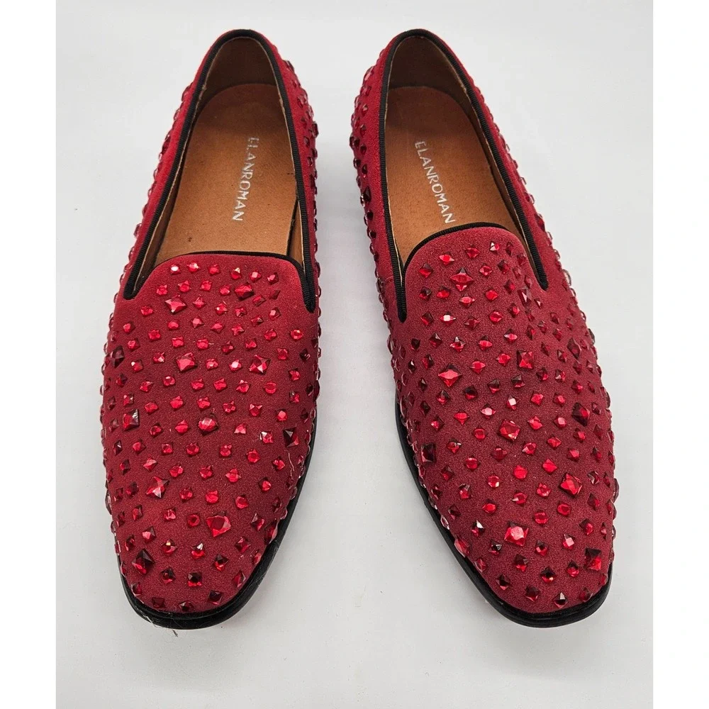Elanroman Mens Red Velvet Rhinestone Studded Loafers Dress Shoes Size 41 EU